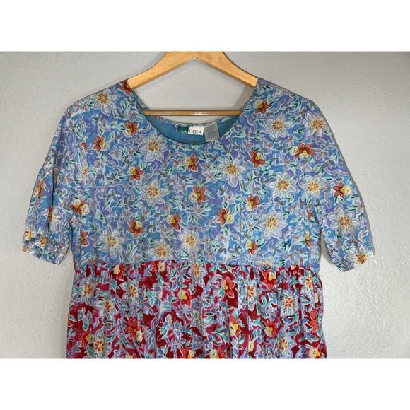 Vintage Multicolor Tiered Floral Maxi Dress Large Short Sleeve Cotton Cottage - Picture 3 of 7